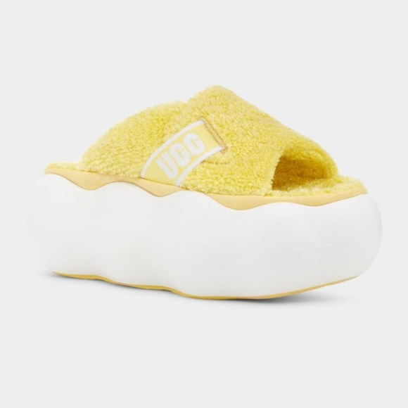 UGG Sugarcloud Platform Slide SZ 7 Sunny Yellow Fuzzy Terry Sandal 1138178 NWOB - Picture 2 of 12